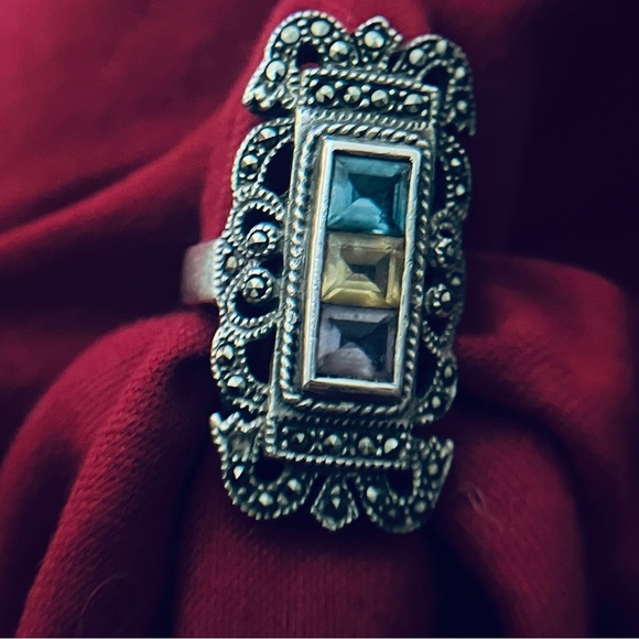 Vintage Sterling 925 Three Stone Art Deco Style Filigree Marcasites size 5.75 - Picture 10 of 10